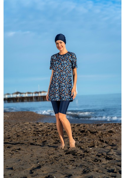 Lacivert Çiçek Desenli Yarım Kol Büyük Beden Micro (Esnek ve Çabuk Kuruyan) Kumaş Yarı Tesettür Mayo