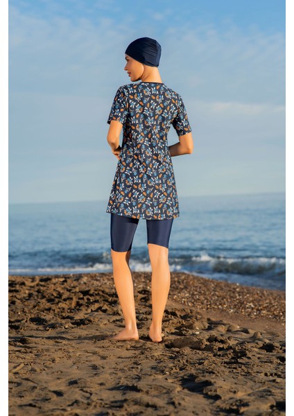 Lacivert Çiçek Desenli Yarım Kol Büyük Beden Micro (Esnek ve Çabuk Kuruyan) Kumaş Yarı Tesettür Mayo fiyatları