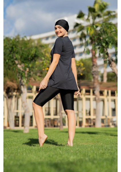 Siyah Renk Yarım Kol Büyük Beden Micro (Esnek ve Çabuk Kuruyan) Kumaş Yarı Tesettür Mayo fiyatları