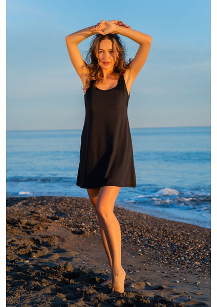 Siyah Askılı Micro (Esnek ve Çabuk Kuruyan) Kumaş Elbise Mayo