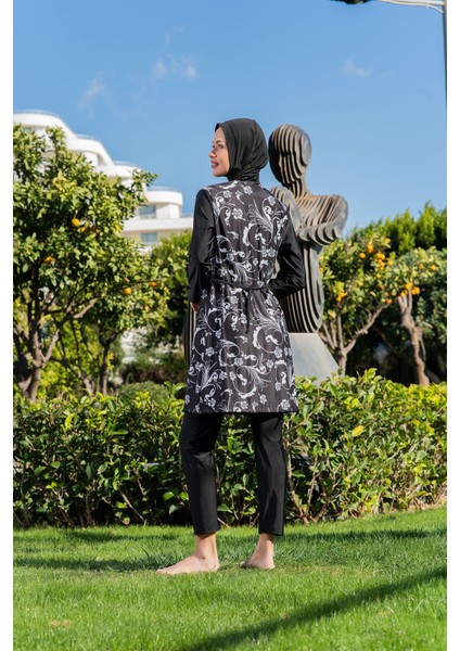 Siyah Beyaz Desenli Paraşüt Kumaş Tesettür Mayo fiyatları