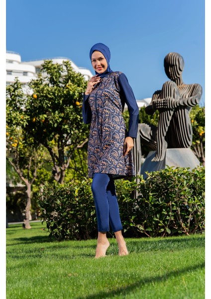 Lacivert Yaprak Desenli Büyük Beden Paraşüt Kumaş Tesettür Mayo
