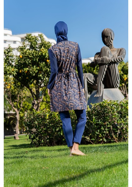 Lacivert Yaprak Desenli Büyük Beden Paraşüt Kumaş Tesettür Mayo fiyatları