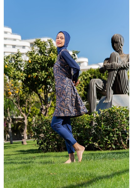 Lacivert Yaprak Desenli Büyük Beden Paraşüt Kumaş Tesettür Mayo modelleri