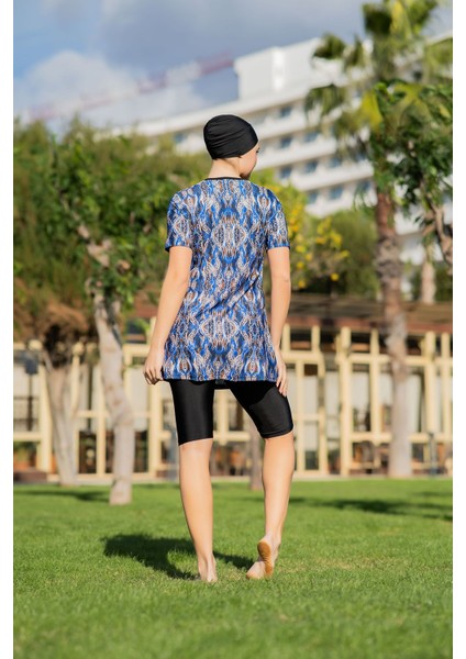 Mavi Desenli Yarım Kol Büyük Beden Micro (Esnek ve Çabuk Kuruyan) Kumaş Yarı Tesettür Mayo fiyatları