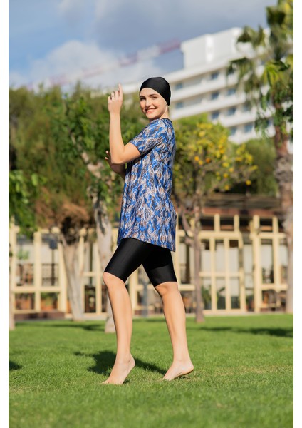 Mavi Desenli Yarım Kol Büyük Beden Micro (Esnek ve Çabuk Kuruyan) Kumaş Yarı Tesettür Mayo modelleri