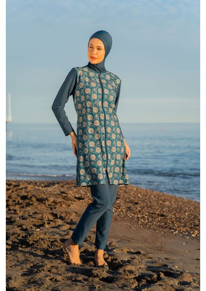 Petrol Rengi Desenli Büyük Beden Paraşüt Kumaş Tesettür Mayo