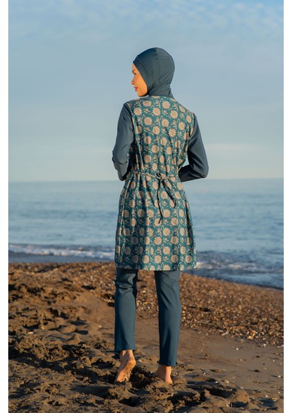 Petrol Rengi Desenli Büyük Beden Paraşüt Kumaş Tesettür Mayo fiyatları