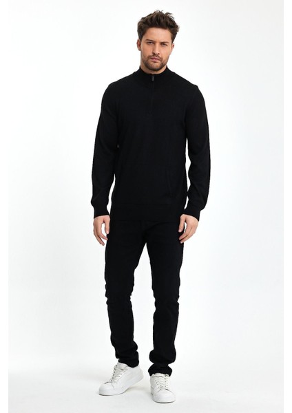 Erkek Kışlık Kanguru Cep Fermuarlı Siyah Triko Kazak fırsatları