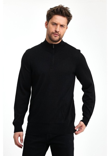 Erkek Kışlık Kanguru Cep Fermuarlı Siyah Triko Kazak indirimleri