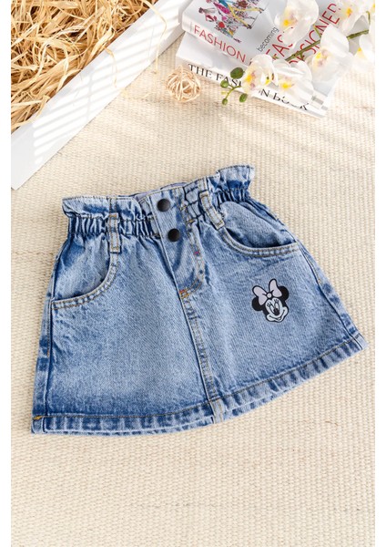 Fiğürlü Denim Şık Kız Çocuk Kot Etek