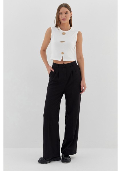 Tasarım Düğmeli Crop Bluz Ekru