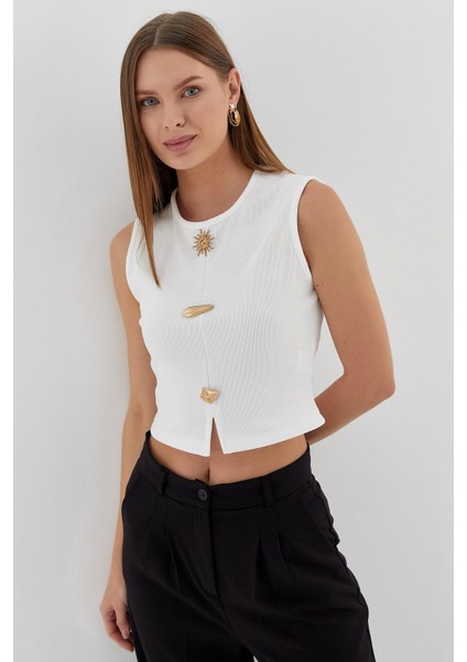 Tasarım Düğmeli Crop Bluz Ekru