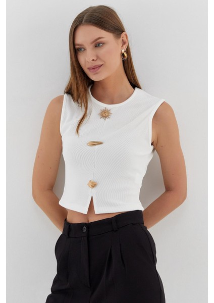 Tasarım Düğmeli Crop Bluz Ekru