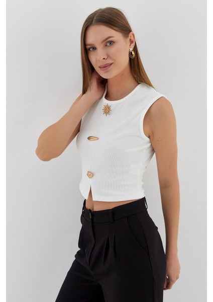 Tasarım Düğmeli Crop Bluz Ekru