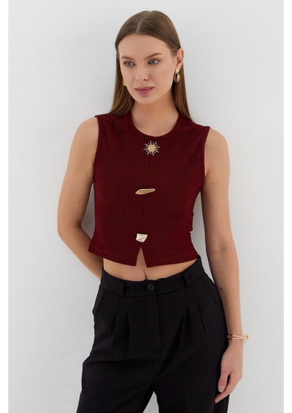 Tasarım Düğmeli Crop Bluz Bordo