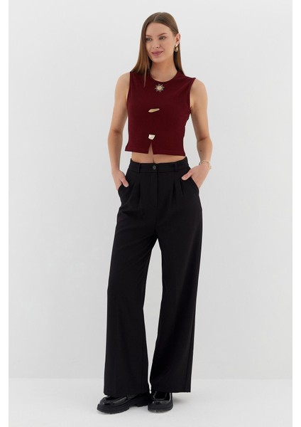 Tasarım Düğmeli Crop Bluz Bordo