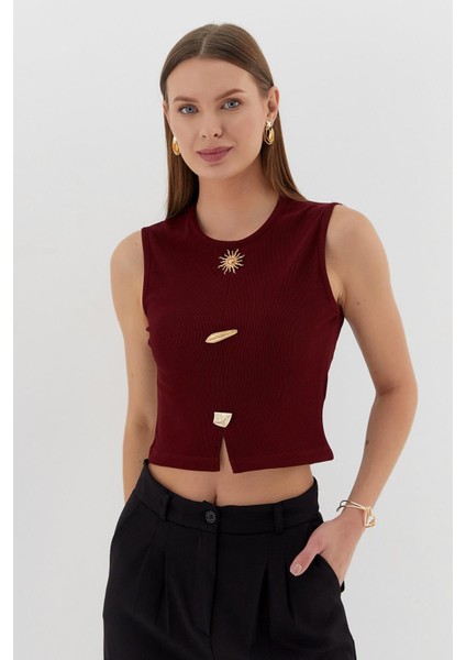 Tasarım Düğmeli Crop Bluz Bordo