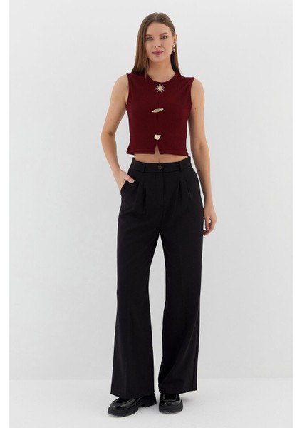Tasarım Düğmeli Crop Bluz Bordo