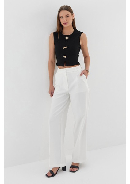 Tasarım Düğmeli Crop Bluz Sıyah
