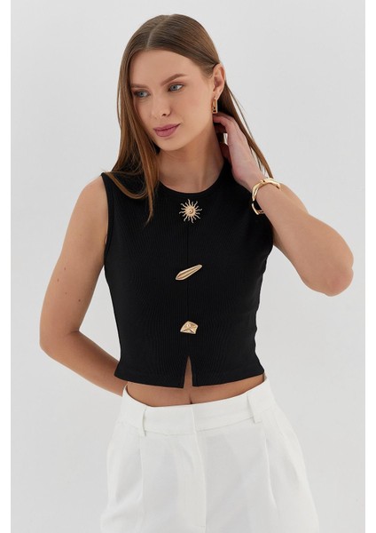 Tasarım Düğmeli Crop Bluz Sıyah