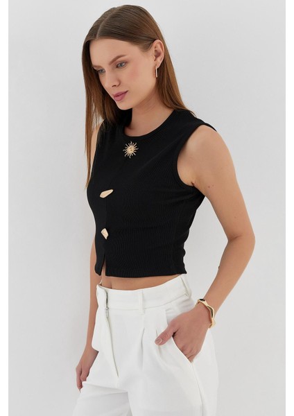 Tasarım Düğmeli Crop Bluz Sıyah