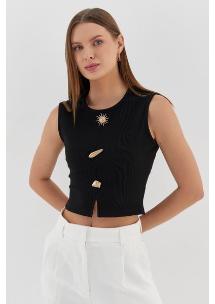 Tasarım Düğmeli Crop Bluz Sıyah