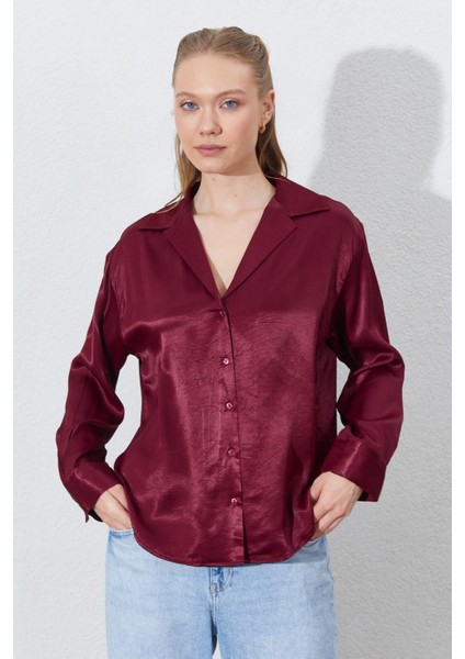 Kadın Bordo Sedef Düğmeli Gömlek