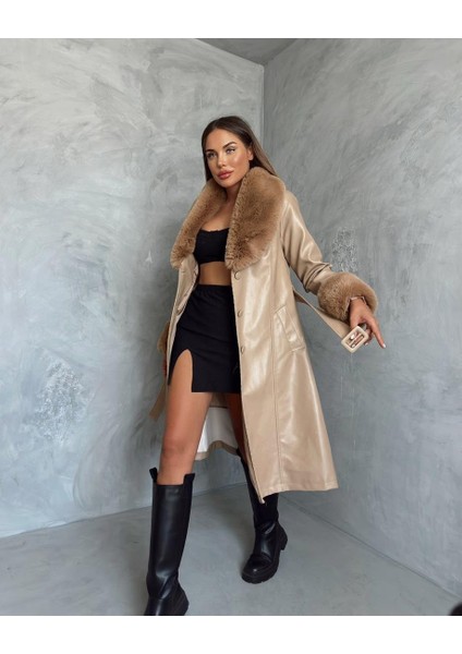 Camel Deri Kol ve Yaka Kürk Kaban modelleri