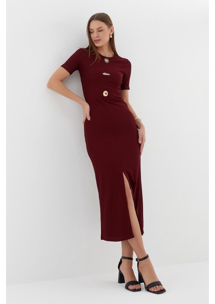 Kısa Kol Midi Elbise Bordo