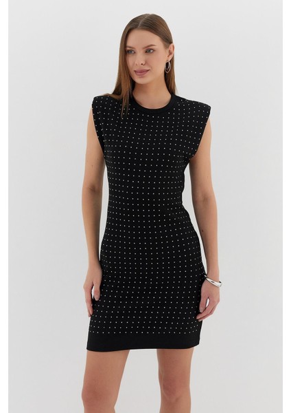 Taş Baskılı Elbise Sıyah