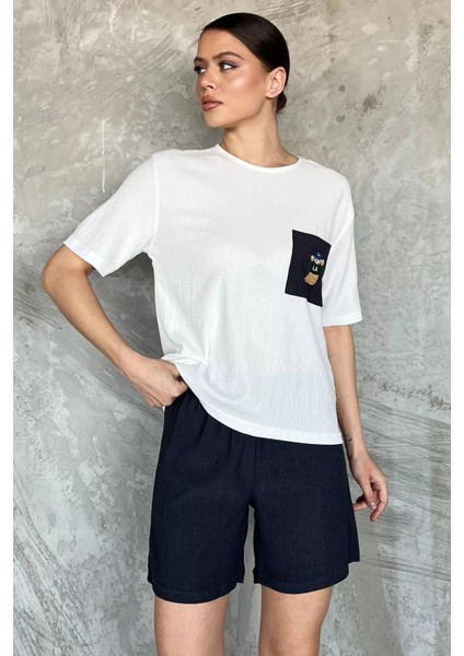 Kadın Tek Cepli Nakışlı Şortlu Ikili Takım P-00016937