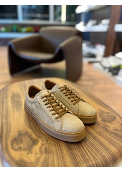 4226 Bej Nubuk Hakiki Deri Erkek Sneakers - Erkek Spor Ayakkabı