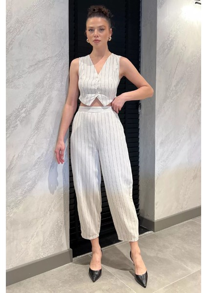 Kadın Çizgi Desenli Keten Yelek Pantolon Ikili Takım P-00016701