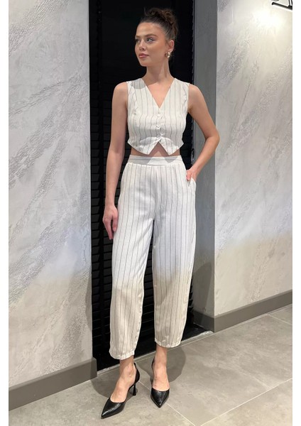 Kadın Çizgi Desenli Keten Yelek Pantolon Ikili Takım P-00016701 fiyatları