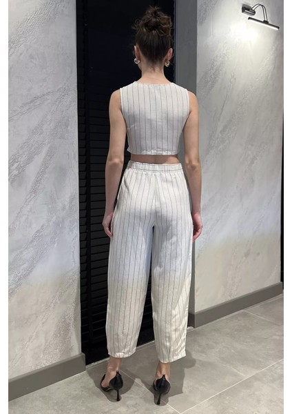 Kadın Çizgi Desenli Keten Yelek Pantolon Ikili Takım P-00016701 modelleri