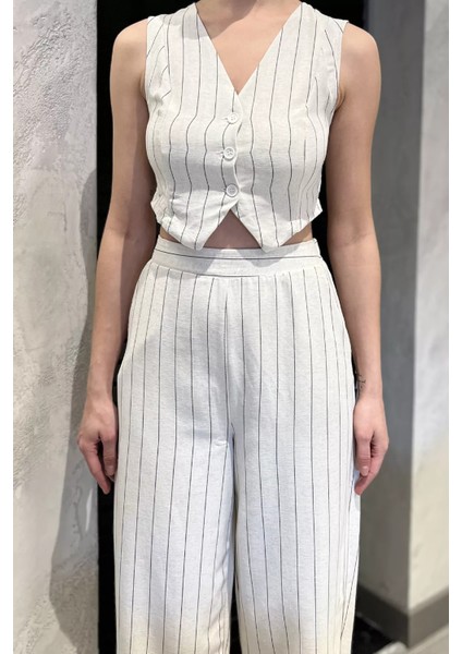 Kadın Çizgi Desenli Keten Yelek Pantolon Ikili Takım P-00016701 fırsatları