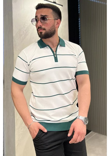 Erkek Polo Yaka Yarım Fermuarlı Çizgi Desenli Triko Tişört P-00016752