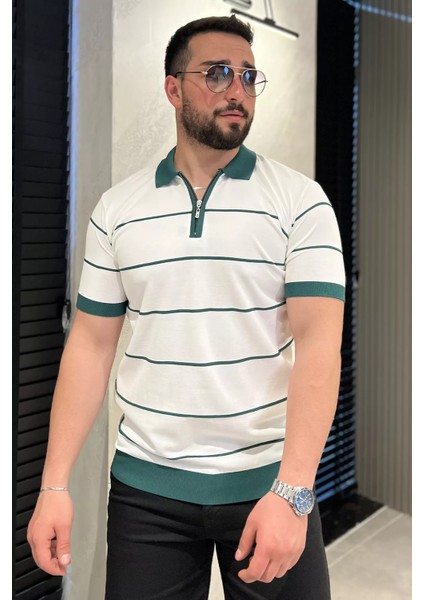 Erkek Polo Yaka Yarım Fermuarlı Çizgi Desenli Triko Tişört P-00016752 fiyatları