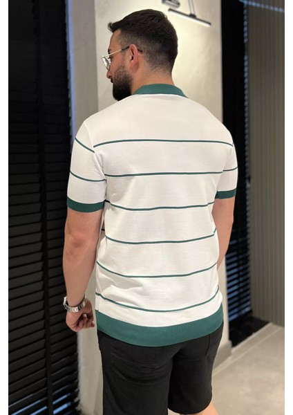 Erkek Polo Yaka Yarım Fermuarlı Çizgi Desenli Triko Tişört P-00016752 modelleri