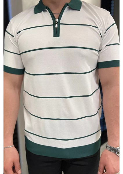 Erkek Polo Yaka Yarım Fermuarlı Çizgi Desenli Triko Tişört P-00016752 fırsatları