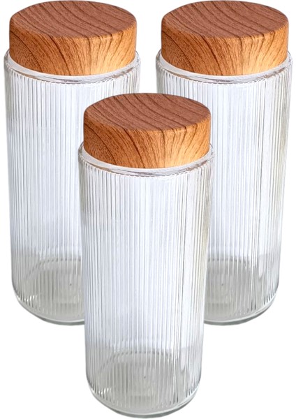 3 Adet 1,5 Litre Bambu Kapak Görünümlü Çizgili Kavanoz Seti 1500 ml Büyük Boy modelleri