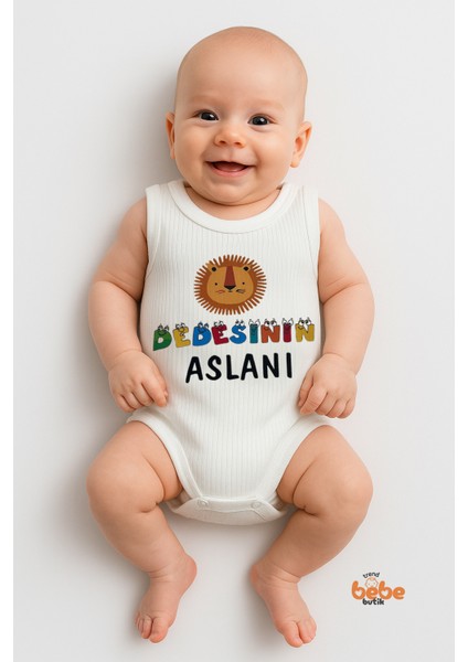 Dedesi'nin Aslanı Baskılı Çıtçıtlı Ribana Bebek Zıbını | Pamuk Body Tulum | 6-36 Ay