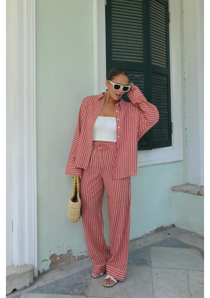 Somon Keten Çizgili Gömlek Pantolon Takım