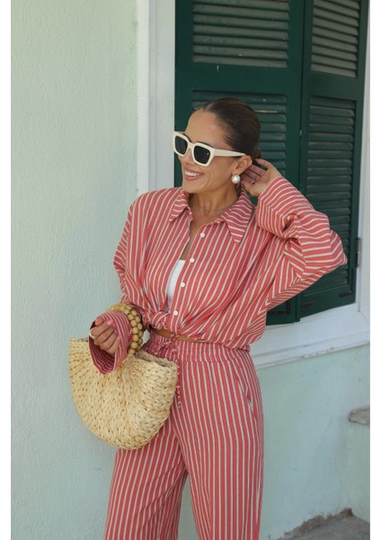 Somon Keten Çizgili Gömlek Pantolon Takım fiyatları