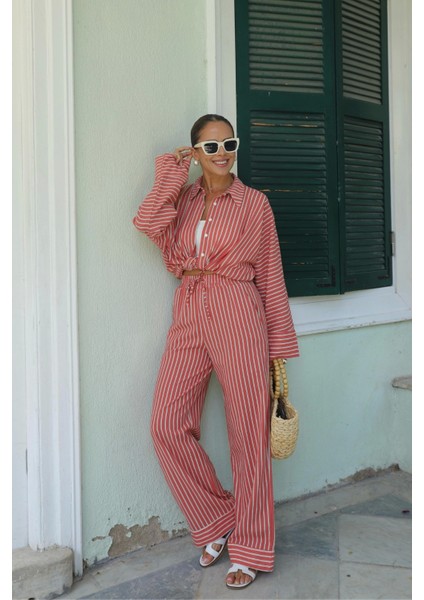 Somon Keten Çizgili Gömlek Pantolon Takım modelleri