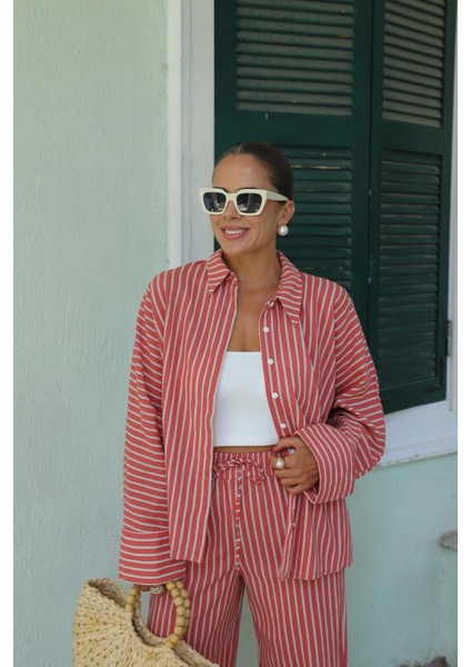 Somon Keten Çizgili Gömlek Pantolon Takım fırsatları