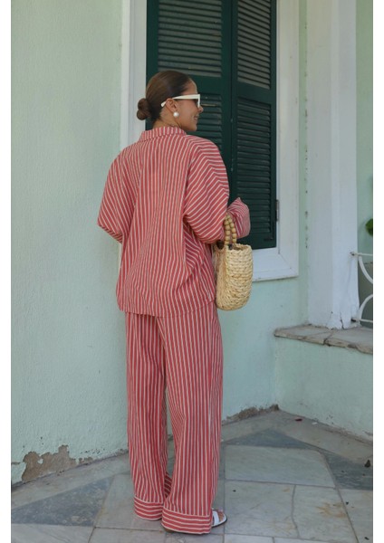 Somon Keten Çizgili Gömlek Pantolon Takım indirimleri