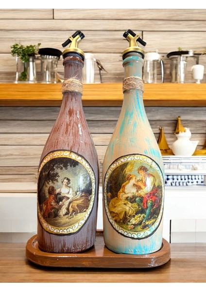 Özel Tasarım Vintage Desenli Sunum Stantlı Zeytinyağı Sıvıyağ Şişesi 2'li 750 ml