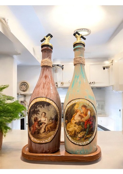 Özel Tasarım Vintage Desenli Sunum Stantlı Zeytinyağı Sıvıyağ Şişesi 2'li 750 ml fiyatları